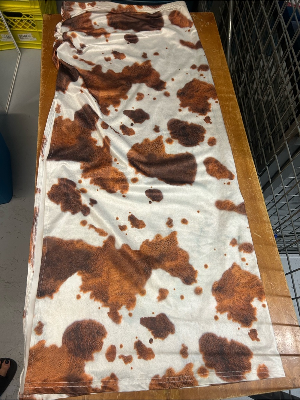 Cow Print satin stretch Skirt in White Brown side slit pencil XL